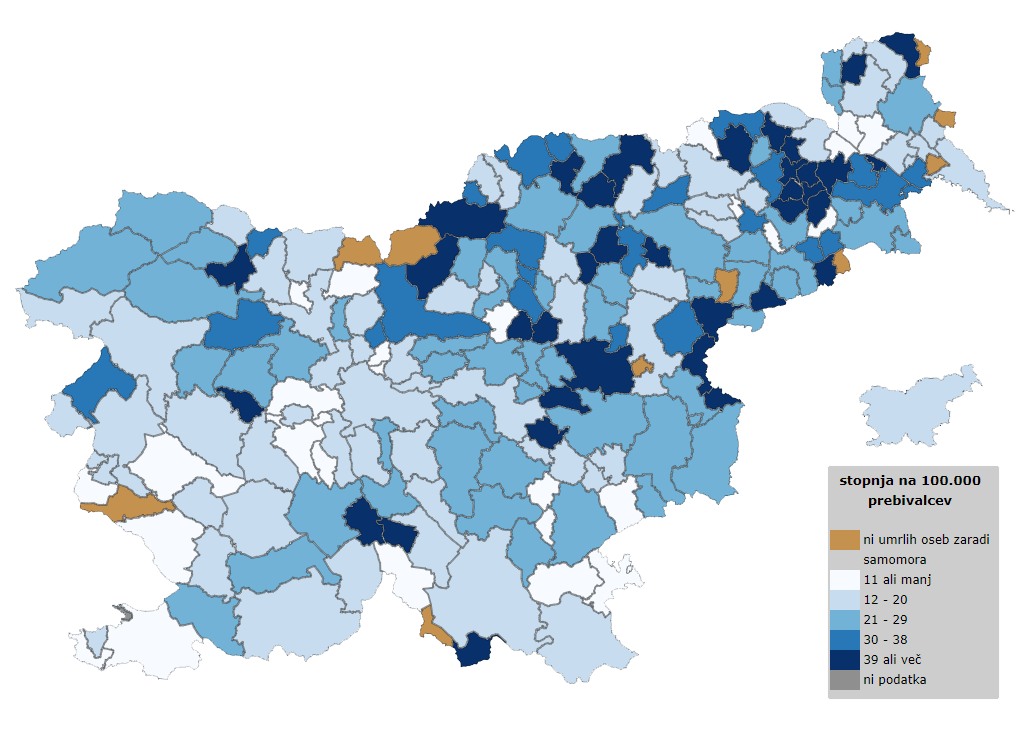 Samomor po občinah - zemljevid